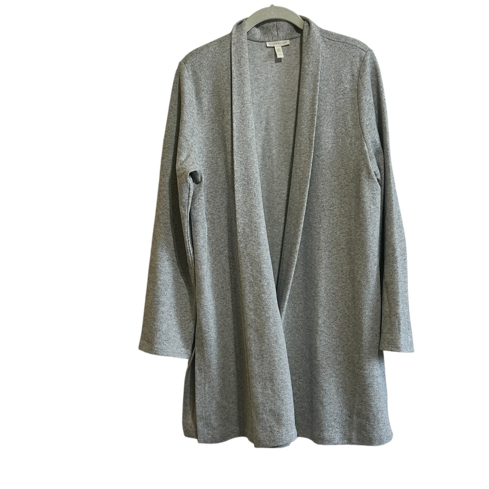 EILEEN FISHER Gray Herringbone Knit Cardigan Open Front Draped Medium M